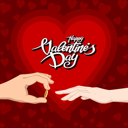 Happy Valentines Day text wih two hands ring dressing gift.  Vector graphics.のイラスト素材