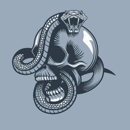 Snake enveloped skull with open mouth. Tattoo style.のイラスト素材