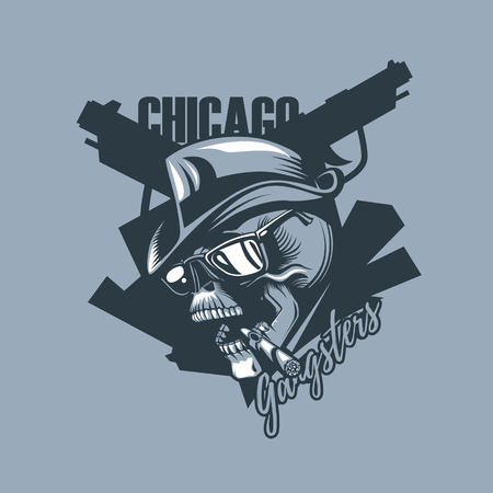 Vintage skull in the style of 30 years. Chicago gangsters. Monochromic tattoo style.のイラスト素材