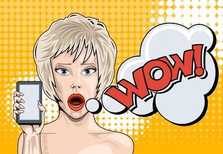 Blonde with a surprised face and a smartphone in her hand saying wowのイラスト素材