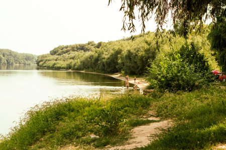 Summer day on the beach of the Dnestr River