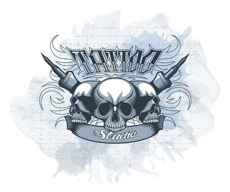 Signboard tattoo studio with skulls in the center on a watercolor backgroundのイラスト素材
