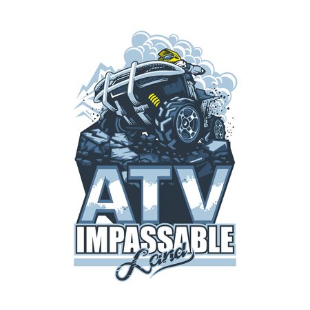 Logo with ATV and racer on top of cliff in cartoon style with beautiful inscriptionsのイラスト素材
