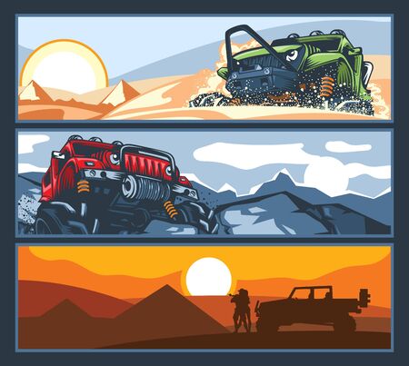 Three banners with off-road vehicles with difficult roadsのイラスト素材