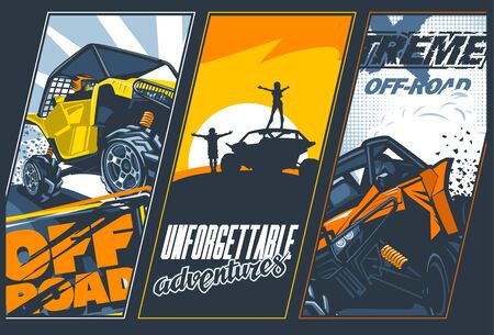 Poster of three banners with UTVs off-road vehicles. Vector graphicsのイラスト素材