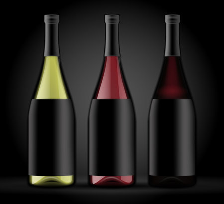 Set of three bottles of wine on a dark background.のイラスト素材