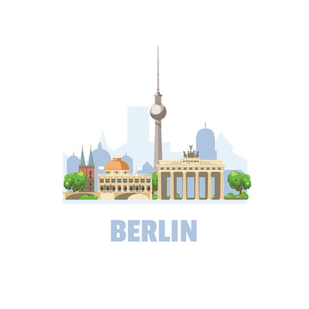 Berlin city skyline. Cityscape with famous architectural buildings. On white background.のイラスト素材