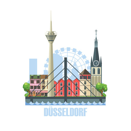 Dusseldorf city skyline. City landscape with ancient architectural buildings. Tourist routes and trips across Europe.のイラスト素材