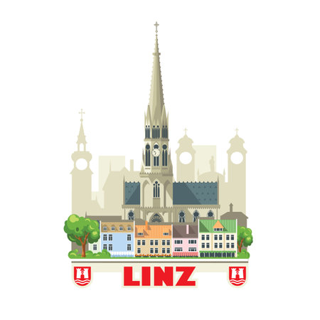 Linz city skyline, Austria. City landscape with ancient architectural buildings and the city's coat of arms. Tourist routes and trips across Europe.のイラスト素材