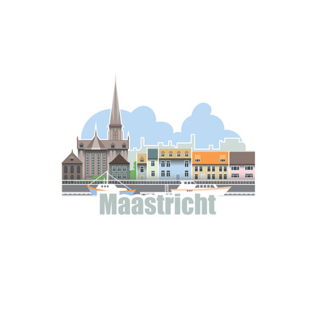 Maastricht city in Netherlands. City landscape with ancient architectural buildings and river. Fascinating trips across Europe.のイラスト素材