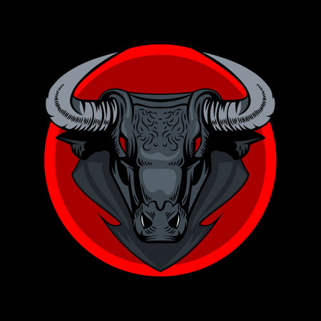 Black Bull with fiery eyes in a red circle on a black background, a symbol of the year.のイラスト素材