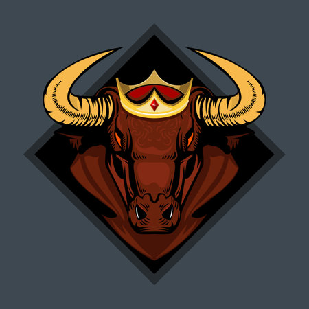 Bull with a crown on his head on a dark background, the symbol of 2021 on east calendar.のイラスト素材