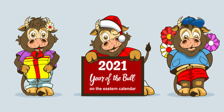 Three baby bulls in different full-length poses for festive decorations or Happy New Year.のイラスト素材