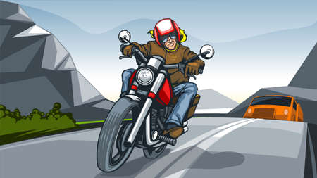 Illustration landscape with a motorcycle rider.のイラスト素材