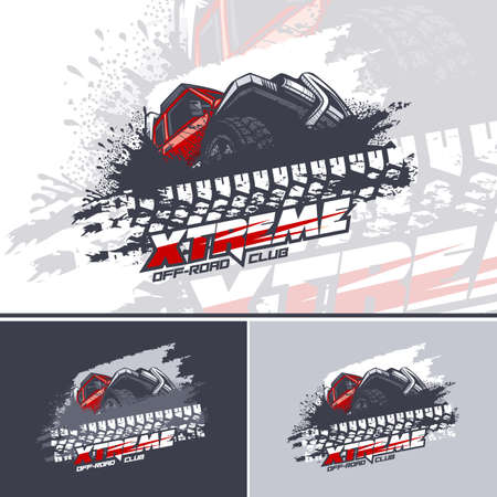 Red Off Road car logo overcoming mud obstacles, logo in three versionsのイラスト素材