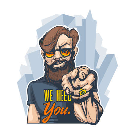 Bearded man with glasses, with a finger sign, We need you. Can be printed on T-shirts.のイラスト素材