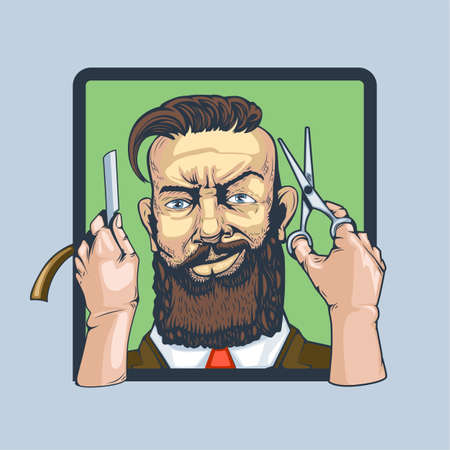 Fashionable bearded man with a beautiful haircut in a suit with two hands who cut and shave him.のイラスト素材