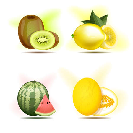 Set of berries and fruits, kiwi, lemon, watermelon and melon.のイラスト素材