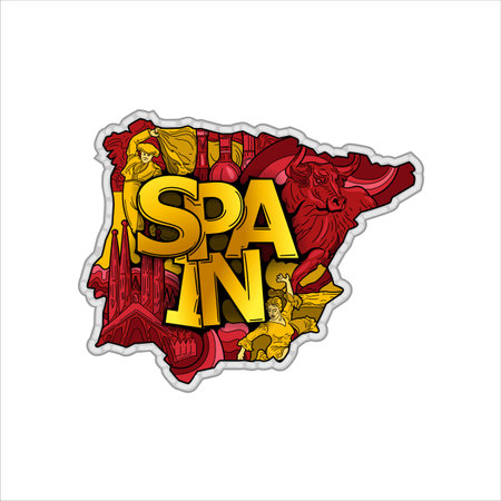 Spain map in hand drawn doodle style with main national valuesのイラスト素材