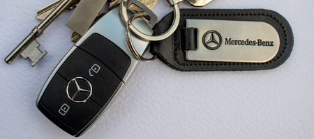 Beverley, England - April, 9,, 2019: Mercedes Benz modern car key and fob on a white background
