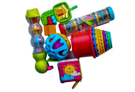 Assorted toys for baby and toddlers isolated on a white backgroundの写真素材