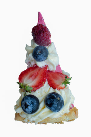 Overhead view of a slice of raspberry bavarois patisserie isolated on a white backgroundの写真素材