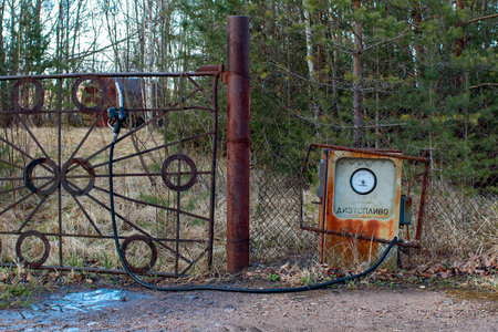 Old retro gas pumps in the rural landscape. Very old gas stations that have remained since Soviet...