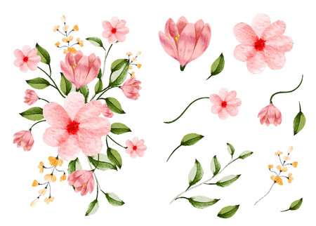 wedding invitation floral bouquet design with watercolor flowers and leavesのイラスト素材