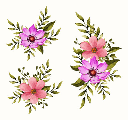 Watercolor painting of floral spring branch bouquet with pink flowers and green leavesのイラスト素材