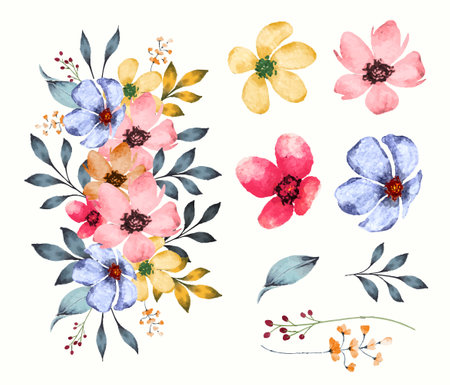 Pastel watercolor bouquet with isolated flowers and leavesのイラスト素材