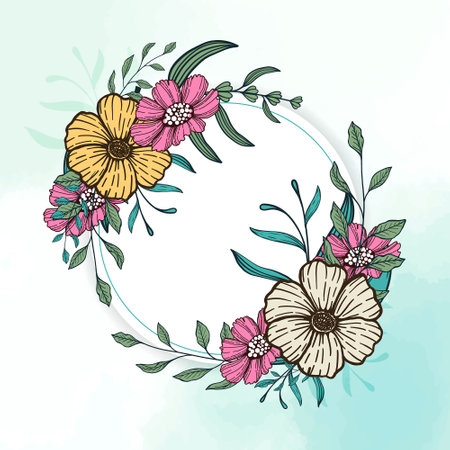 Floral wreath with flowers and leaves. flower round frame vector illustrationのイラスト素材