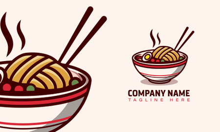 bowl with noodles and soup with vegetables mascot logo illustration asian food templateのイラスト素材