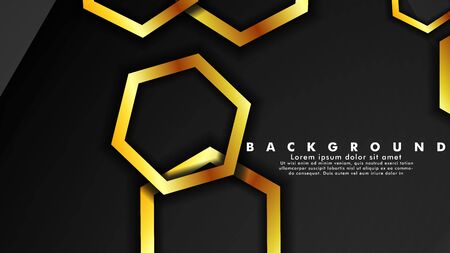 Vector background design that overlaps with hexagon gold color gradients on black space for text and background designのイラスト素材