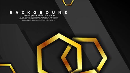 Vector background design that overlaps with hexagon gold color gradients on black space for text and background designのイラスト素材