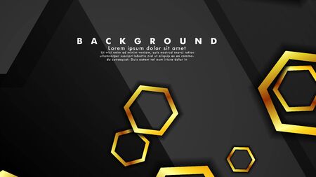 Vector background design that overlaps with hexagon gold color gradients on black space for text and background designのイラスト素材
