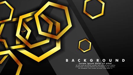Vector background design that overlaps with hexagon gold color gradients on black space for text and background designのイラスト素材