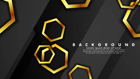 Vector background design that overlaps with hexagon gold color gradients on black space for text and background designのイラスト素材