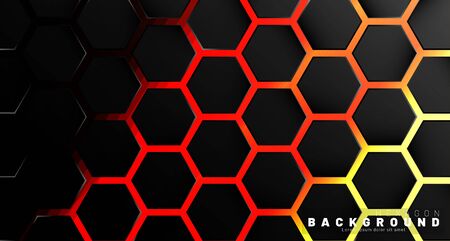 Abstract black hexagon pattern on neon gradient orange background technology style. Honeycomb. Vector illustrationのイラスト素材