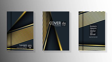 Background design of abstract dark and golden geometry line flyer. Cover book vector gradient templateのイラスト素材