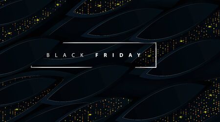 Black Friday sales poster. . Textured background with dynamic 3D shape paper and golden sparkling halftone patterns. Vector illustrationのイラスト素材