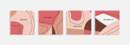 Vector set of minimal backgrounds with abstract organic shapes, hand draw line and sample text. Contemporary collage. Minimal stylish cover for branding design.のイラスト素材