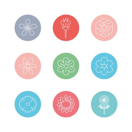Flowers inside circles line block style icon set design, floral nature plant ornament garden decoration and botany theme Vector illustrationのイラスト素材
