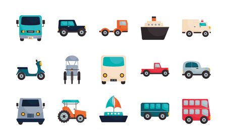 Vehicles flat style icon set design, Transportation travel trip urban motor speed fast and driving theme Vector illustrationのイラスト素材