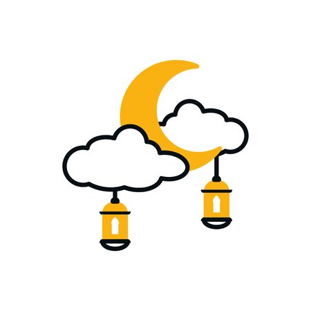 Ramadan moon clouds and laterns half line half color style icon design, Islamic muslim religion culture belief religious faith god spiritual meditation and traditional theme Vector illustrationのイラスト素材