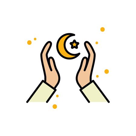 Ramadan moon star and hands line and fill style icon design, Islamic muslim religion culture belief religious faith god spiritual meditation and traditional theme Vector illustrationのイラスト素材