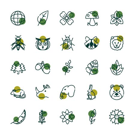 Half line half color style icon set design, Biodiversity animals life natural nature and adorable theme Vector illustrationのイラスト素材
