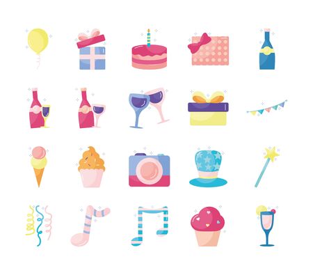 flat style icon set design, Party celebration event happy birthday holiday surprise anniversary and decorative theme Vector illustrationのイラスト素材