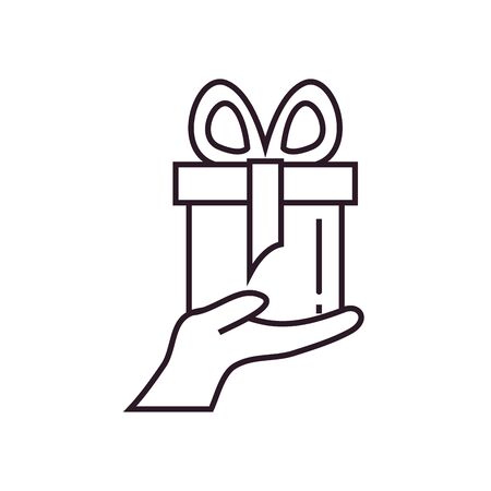 gift with bowtie over hand line style icon design, Box present holiday christmas shopping birthday celebration decoration and surprise theme Vector illustrationのイラスト素材