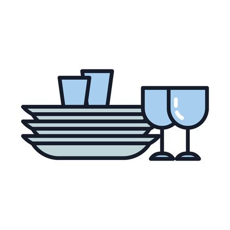plates and cups line and fill style icon design, Cleaning service wash home hygiene equipment domestic interior housework and housekeeping theme Vector illustrationのイラスト素材