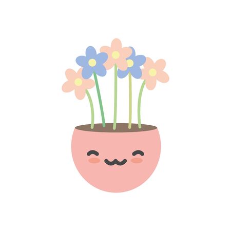 kawaii flowers inside pot flat style icon design of Floral nature garden ornament botany decoration beauty and flora theme Vector illustrationのイラスト素材
